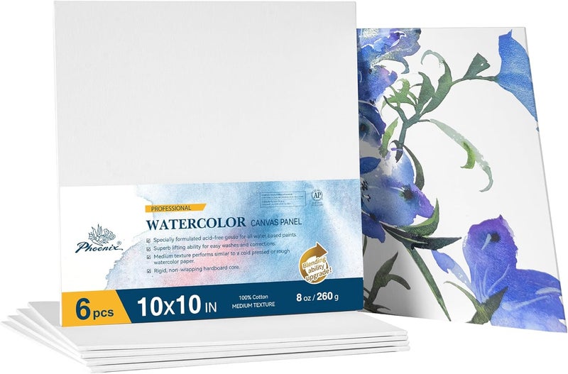 Phoenix Watercolor Canvas Boards for Painting - 10x10 Inch/6 Pack, 100% Cotton Water Color Square Canvas Panels, 8 Oz. / 260g White Blank Medium Texture Flat Canvases for Water Based Paints - Image 1